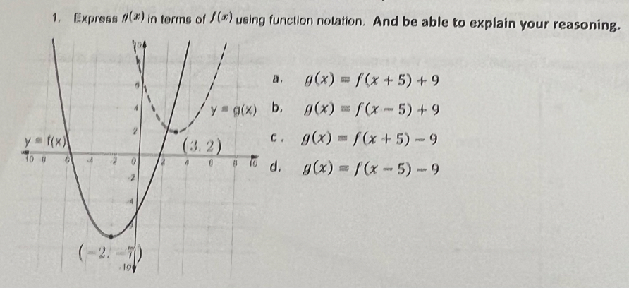 Express g(x) in terms of f(x) using function notation. And be able to explain your reasoning.
, g(x)=f(x+5)+9 . g(x)=f(x-5)+9 . g(x)=f(x+5)-9 . g(x)=f(x-5)-9