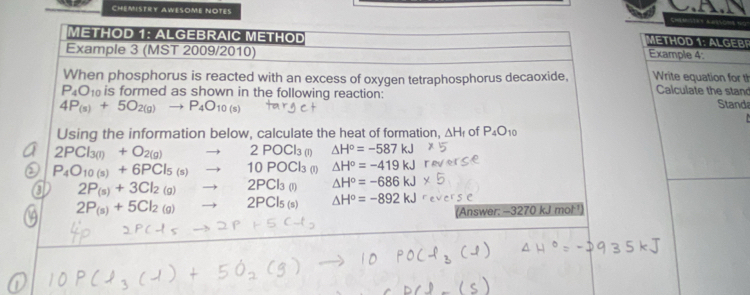 CHEMISTRY AWESOME NOTES
METHOD 1: ALGEBRAIC METHOD
METHOD 1: AL GEB F
Example 3 (MST 2009/2010) Example 4:
When phosphorus is reacted with an excess of oxygen tetraphosphorus decaoxide, Write equation for th
P_4O_10 is formed as shown in the following reaction: Calculate the stand Standa
4P_(s)+5O_2(g)to P_4O_10(s)
Using the information below, calculate the heat of formation, △ H_f of P_4O_10
2PCl_3(l)+O_2(g)to 2POCl_3(l) △ H°=-587kJ
P_4O_10(s)+6PCl_5(s)to 10POCl_3(l) △ H°=-419kJ
2P_(s)+3Cl_2(g)to 2PCl_3(l) △ H°=-686kJ
2P_(s)+5Cl_2(g)to 2PCl_5(s) △ H°=-892kJ
(Answer: -3270 kJ mol¹)