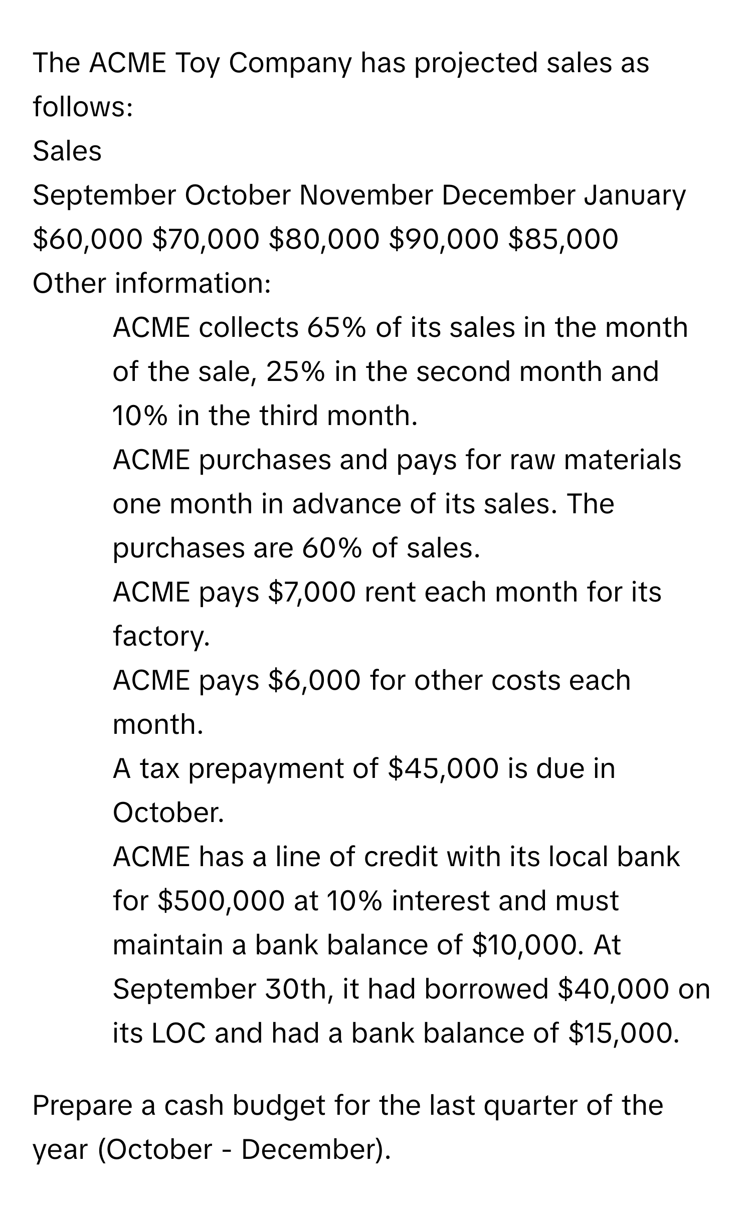 The ACME Toy Company has projected sales as follows: 
Sales
September  October  November  December  January
$60,000  $70,000  $80,000  $90,000  $85,000

Other information:
1. ACME collects 65% of its sales in the month of the sale, 25% in the second month and 10% in the third month.
2. ACME purchases and pays for raw materials one month in advance of its sales. The purchases are 60% of sales.
3. ACME pays $7,000 rent each month for its factory.
4. ACME pays $6,000 for other costs each month.
5. A tax prepayment of $45,000 is due in October.
6. ACME has a line of credit with its local bank for $500,000 at 10% interest and must maintain a bank balance of $10,000. At September 30th, it had borrowed $40,000 on its LOC and had a bank balance of $15,000.

Prepare a cash budget for the last quarter of the year (October - December).