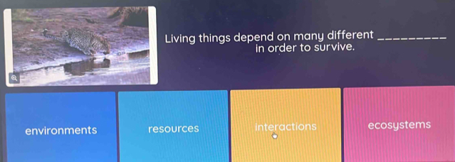 Living things depend on many different_
in order to survive.
environments resources interactions ecosystems