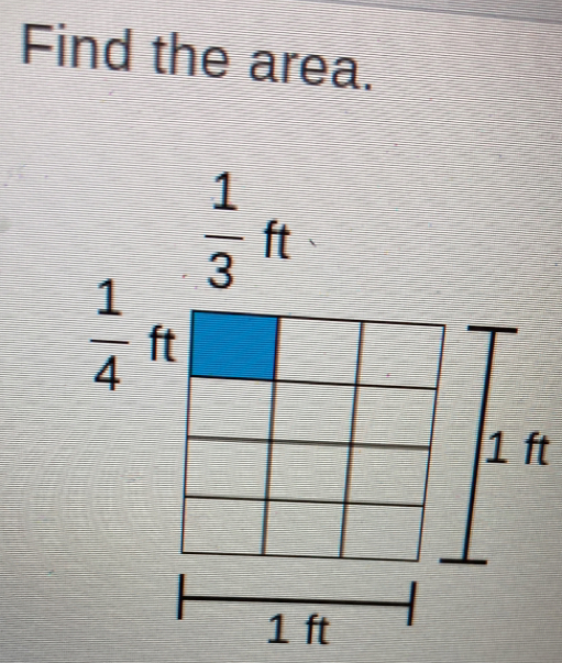 Find the area.
 1/3 ft
 1/4  ft
1 ft
1 ft