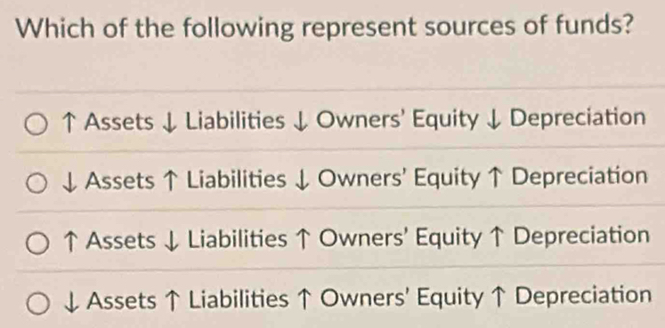 Which of the following represent sources of funds?
↑ Assets ↓ Liabilities ↓ Owners' Equity ↓ Depreciation
Assets ↑ Liabilities ↓ Owners' Equity ↑ Depreciation
↑ Assets ↓ Liabilities ↑ Owners' Equity ↑ Depreciation
Assets ↑ Liabilities ↑ Owners' Equity ↑ Depreciation