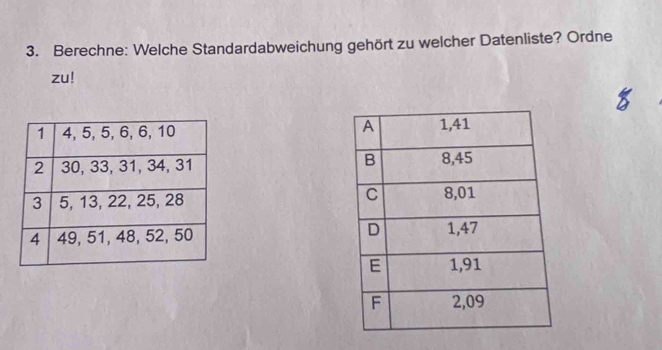 Berechne: Welche Standardabweichung gehört zu welcher Datenliste? Ordne 
zu!