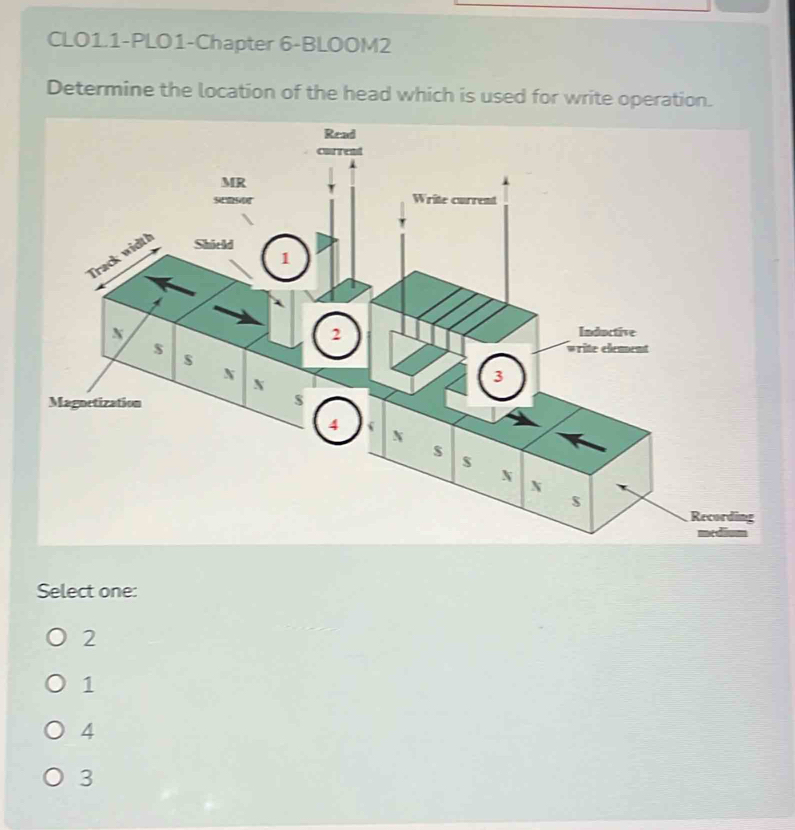 CLO1.1-PLO1-Chapter 6-BLOOM2
Determine the location of the head which is used for write operation.
Select one:
2
1
4
3