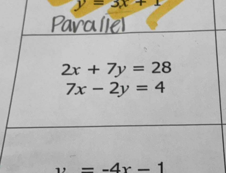 y=3x+1
Paraliel
2x+7y=28
7x-2y=4
v=-4x-1