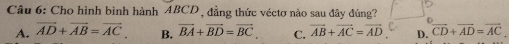 Cho hình bình hành ABCD , đẳng thức véctơ nào sau đây đúng?
A. vector AD+vector AB=vector AC. vector BA+vector BD=vector BC. C. vector AB+vector AC=vector AD D. vector CD+vector AD=vector AC. 
B.