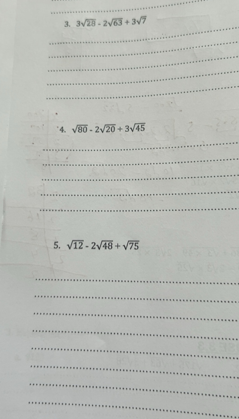 Solved: 3sqrt(28)-2sqrt(63)+3sqrt(7) _ _ _ _ ` 4. sqrt(80)-2sqrt(20 ...