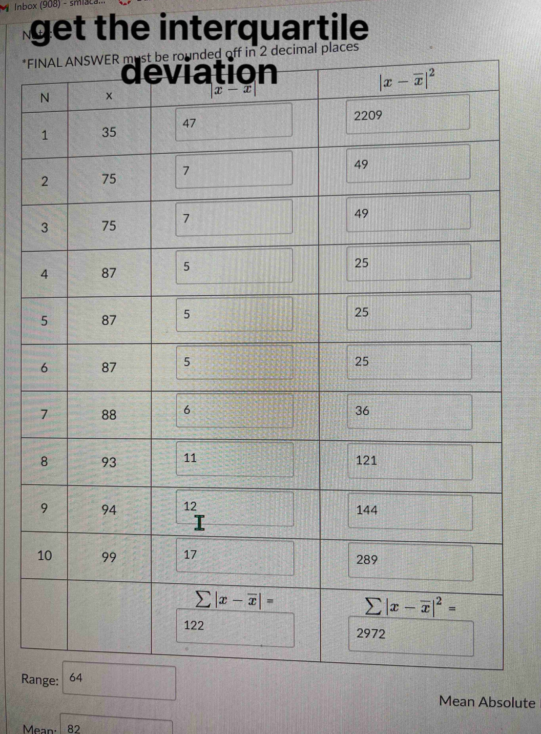 Inbox (908) - smlaca..
get the interquartile
*F
Ra
Mean Absolute
Mean: 82