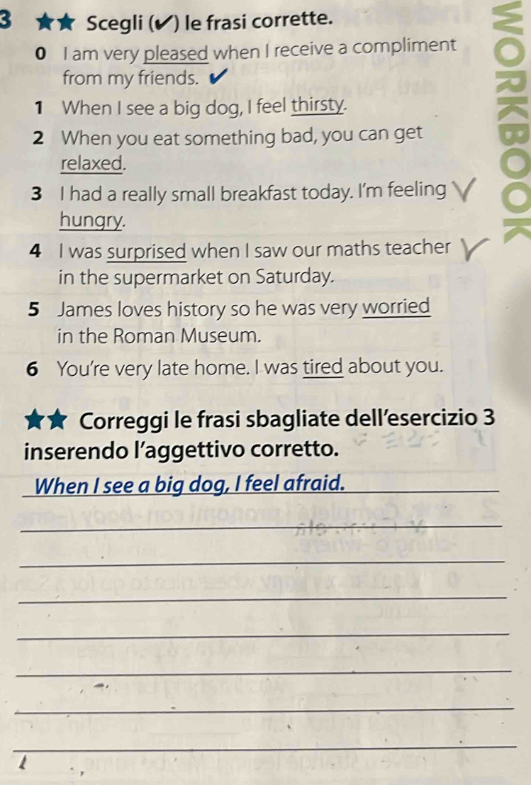 Scegli (✔) le frasi corrette. 
0 I am very pleased when I receive a compliment 
from my friends. 
1 When I see a big dog, I feel thirsty. 
2 When you eat something bad, you can get 
relaxed. 
3 I had a really small breakfast today. I'm feeling 
hungry. 
4 I was surprised when I saw our maths teacher 
in the supermarket on Saturday. 
5 James loves history so he was very worried 
in the Roman Museum. 
6 You're very late home. I was tired about you. 
Correggi le frasi sbagliate dell’esercizio 3 
inserendo l’aggettivo corretto. 
When I see a big dog, I feel afraid._ 
_ 
_ 
_ 
_ 
_ 
_ 
_