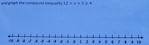 and graph the compound inequality 12>x+3≥ 4.