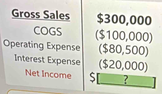 Gross Sales $300,000
COGS ($100,000) 
Operating Expense ($80,500) 
Interest Expense ($20,000) 
Net Income $ [ ?