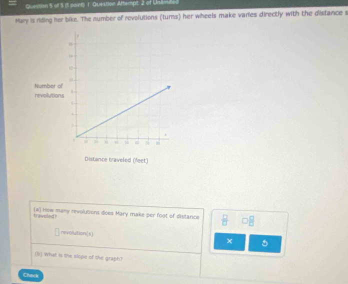 (1 paint) I Question Attempt: 2 of Unlimited 
Mary is riding her bike. The number of revolutions (turns) her wheels make varies directly with the distance s 
(a) How many revolutions does Mary make per foot of distance  □ /□   □  □ /□  
traveled? 
revolution(s) × 
(b) What is the slope of the graph? 
Check