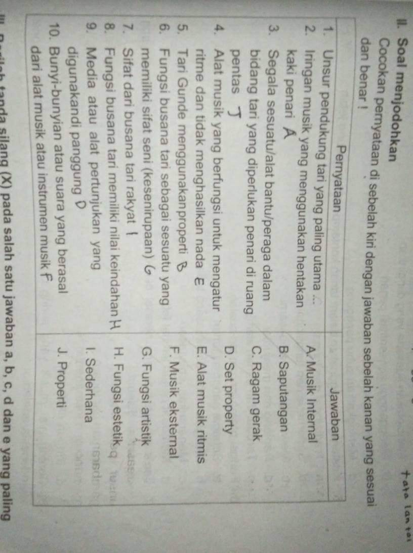 Soal menjodohkan 
Cocokan pernyataan di sebelah kiri dengan jawaban sebelah kanan yang sesuai 
a n d a silang (X) pada salah satu jawaban a, b, c, d dan e yang paling