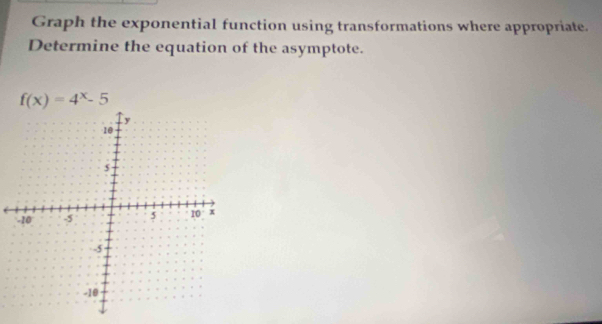 Graph the exponential function using transformations where appropriate. 
Determine the equation of the asymptote.
f(x)=4^x-5