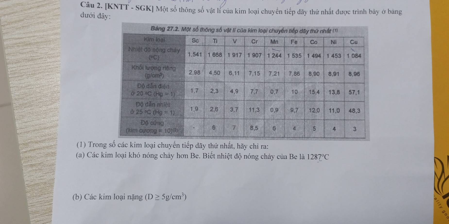 [KNTT - SGK] Một số thông số vật lí của kim loại chuyển tiếp dãy thứ nhất được trình bày ở bảng
đưới đây:
(1) Trong số các kim loại chuyển tiếp dãy thứ nhất, hãy chỉ ra:
(a) Các kim loại khó nóng chảy hơn Be. Biết nhiệt độ nóng chảy của Be là 1287°C
(b) Các kim loại nặng (D≥ 5g/cm^3)