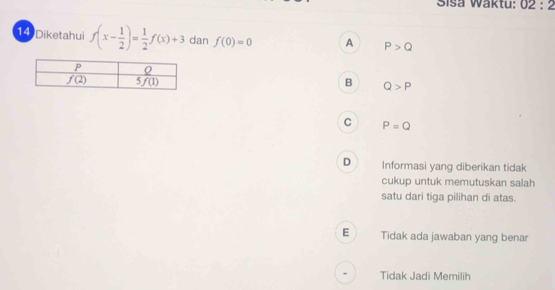 Siša Waktu: 02:2
14 Diketahui f(x- 1/2 )= 1/2 f(x)+3 dan f(0)=0
A P>Q
B Q>P
C P=Q
D Informasi yang diberikan tidak
cukup untuk memutuskan salah
satu dari tiga pilihan di atas.
E Tidak ada jawaban yang benar
Tidak Jadi Memilih