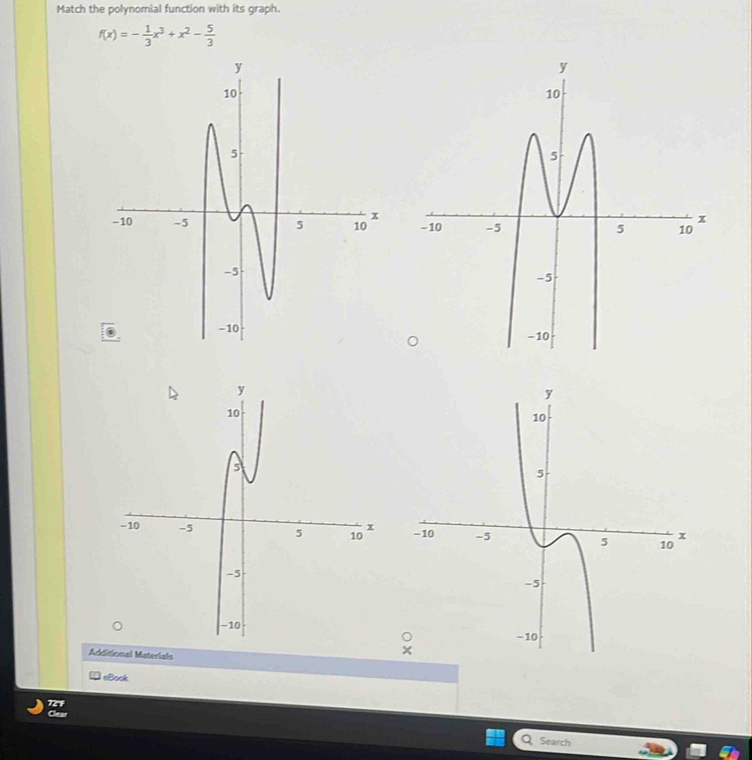 Match the polynomial function with its graph.
f(x)=- 1/3 x^3+x^2- 5/3 

Additional Materials 
eBook 
Search