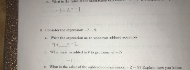 What is the value of the subtracton expressi 
8. Consider the expression —2 — 9. 
a. Write the expression as an unknown addend equation. 
_ 
b. What must be added to 9 to get a sum of -2? 
c. What is the value of the subtraction expression -2 — 9? Explain how you know.