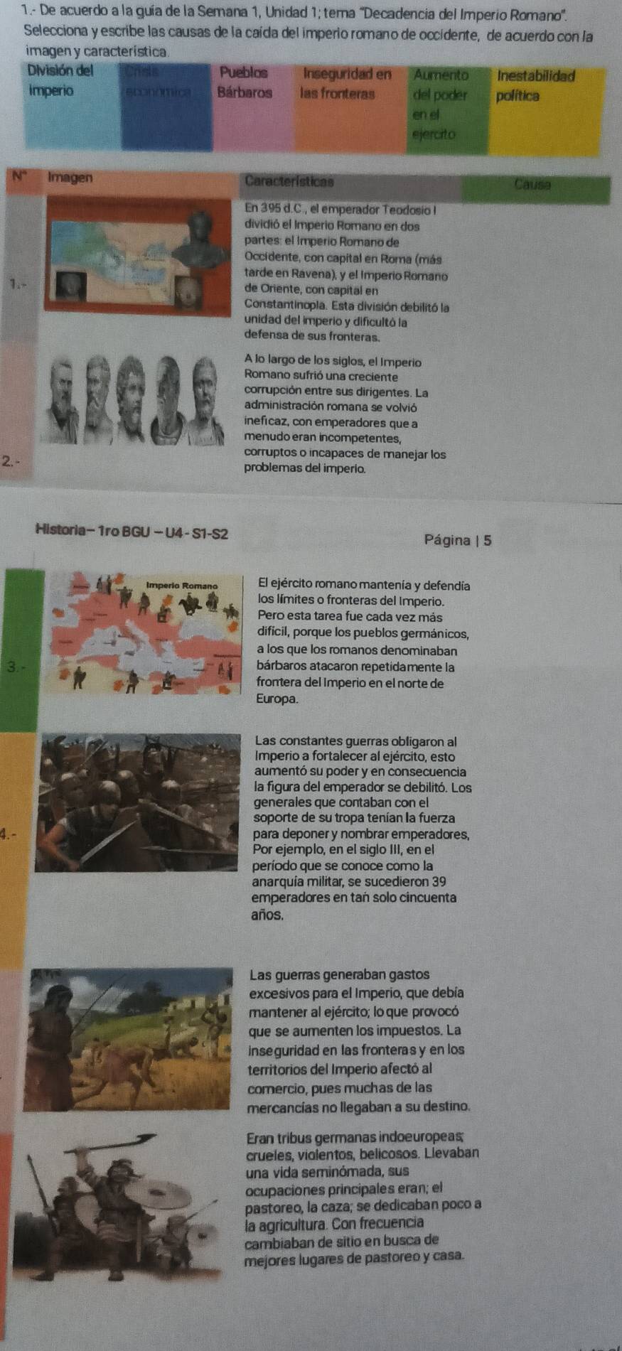 1.- De acuerdo a la guía de la Semana 1, Unidad 1; tema 'Decadencia del Imperio Romano'.
Selecciona y escribe las causas de la caída del imperio romano de occidente, de acuerdo con la
imagen y característica
Imagen Características Causa
En 395 d.C., el emperador Teodosio I
dividió el Imperio Romano en dos
partes: el Imperio Romano de
Occidente, con capital en Roma (más
tarde en Ravena), y el Imperio Romano
1.-
de Oriente, con capital en
Constantinopla. Esta división debilitó la
unidad del imperio y dificultó la
defensa de sus fronteras.
A lo largo de los siglos, el Imperio
Romano sufrió una creciente
corrupción entre sus dirigentes. La
administración romana se volvió
inefícaz, con emperadores que a
menudo eran incompetentes,
corruptos o incapaces de manejar los
2. -
problemas del imperio.
Historia- 1ro BGU - U4 - S1-S2
Página | 5
El ejército romano mantenía y defendía
los límites o fronteras del Imperio.
Pero esta tarea fue cada vez más
dificil, porque los pueblos germánicos,
a los que los romanos denominaban
3. -bárbaros atacaron repetidamente la
frontera del Imperio en el norte de
Europa.
Las constantes guerras obligaron al
Império a fortalecer al ejército, esto
aumentó su poder y en consecuencia
la figura del emperador se debilitó. Los
generales que contaban con el
soporte de su tropa tenían la fuerza
4. - para deponer y nombrar emperadores,
Por ejemplo, en el siglo III, en el
período que se conoce como la
anarquía militar, se sucedieron 39
emperadores en tań solo cincuenta
años.
Las guerras generaban gastos
excesivos para el Imperio, que debía
mantener al ejército; lo que provocó
que se aumenten los impuestos. La
inseguridad en las fronteras y en los
territorios del Imperio afectó al
comercio, pues muchas de las
mercancías no llegaban a su destino.
Eran tribus germanas indoeuropeas;
crueles, violentos, belicosos. Llevaban
una vida seminómada, sus
ocupaciones principales eran; el
pastoreo, la caza; se dedicaban poco a
la agricultura. Con frecuencia
cambiaban de sitio en busca de
mejores lugares de pastoreo y casa.