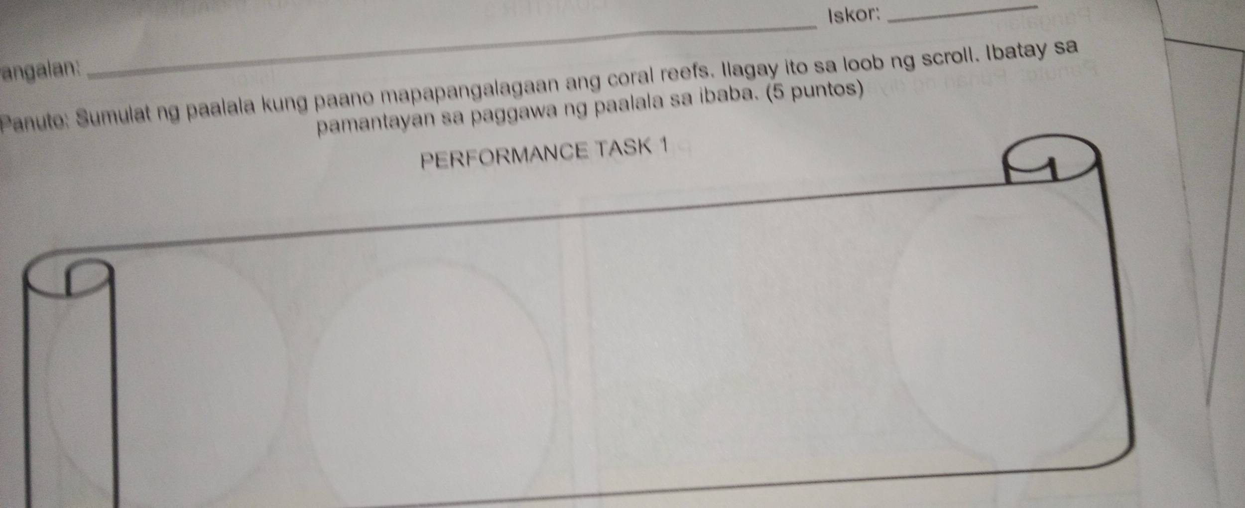 Iskor: 
_ 
angalan: 
Panute: Sumulat ng paalala kung paano mapapangalagaan ang coral reefs. Ilagay ito sa loob ng scroll. Ibatay sa 
pamantayan sa paggawa ng paalala sa ibaba. (5 puntos) 
PERFORMANCE TASK 1