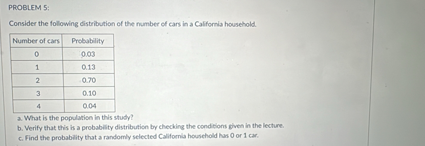 PROBLEM 5: 
Consider the following distribution of the number of cars in a California household. 
a. What is the population in this study? 
b. Verify that this is a probability distribution by checking the conditions given in the lecture. 
c. Find the probability that a randomly selected California household has 0 or 1 car.