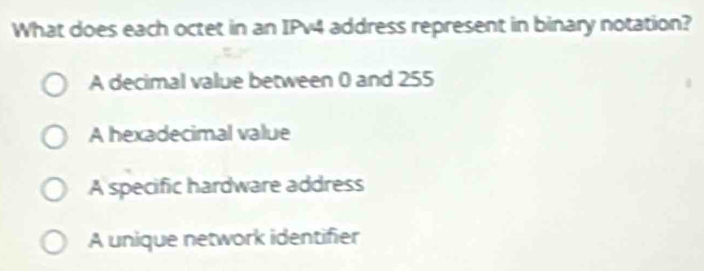 Solved: What does each octet in an IPv4 address represent in binary ...