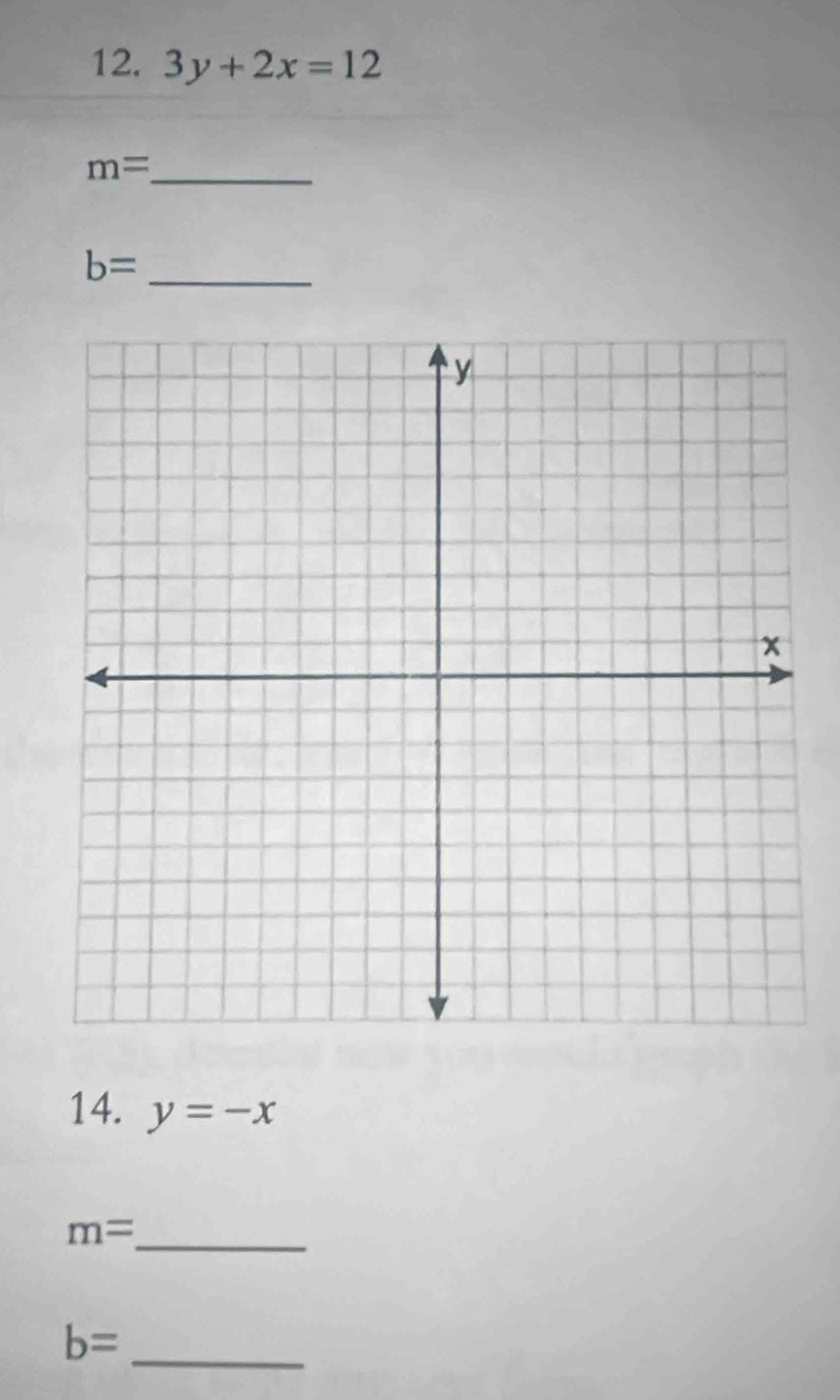 12, 3y+2x=12
_ m=
b=
_ 
14. y=-x
m=
_ 
_
b=