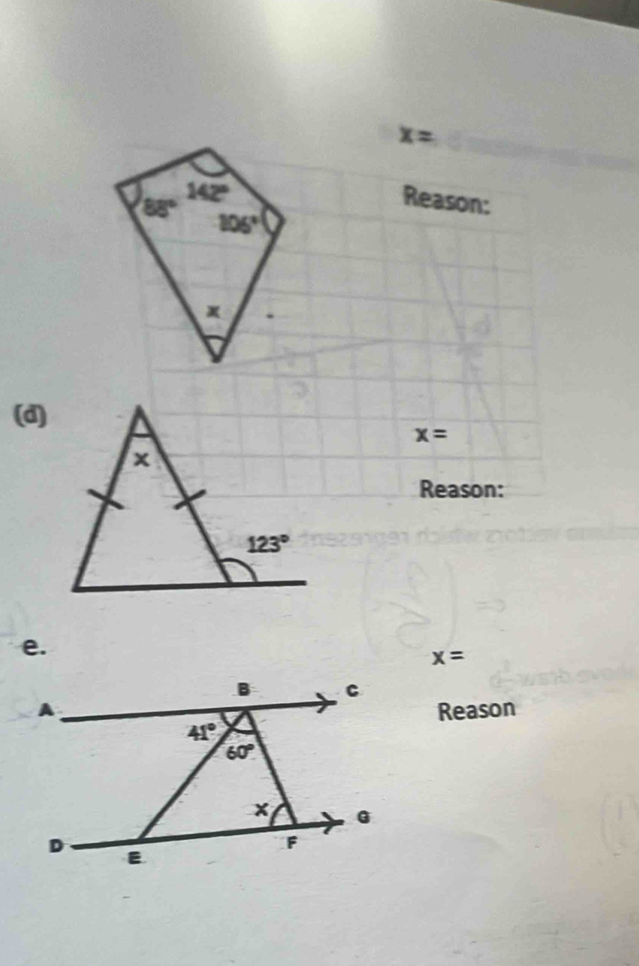 x=
_
Reason:
(d)
x=
Reason:
e.
x=
Reason