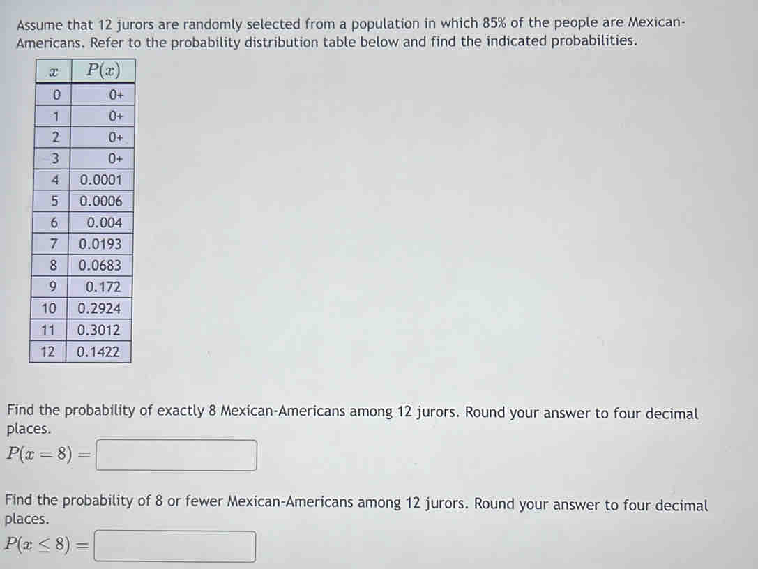 Assume that 12 jurors are randomly selected from a population in which 85% of the people are Mexican-
Americans. Refer to the probability distribution table below and find the indicated probabilities.
Find the probability of exactly 8 Mexican-Americans among 12 jurors. Round your answer to four decimal
places.
P(x=8)=
Find the probability of 8 or fewer Mexican-Americans among 12 jurors. Round your answer to four decimal
places.
P(x≤ 8)=
□ 