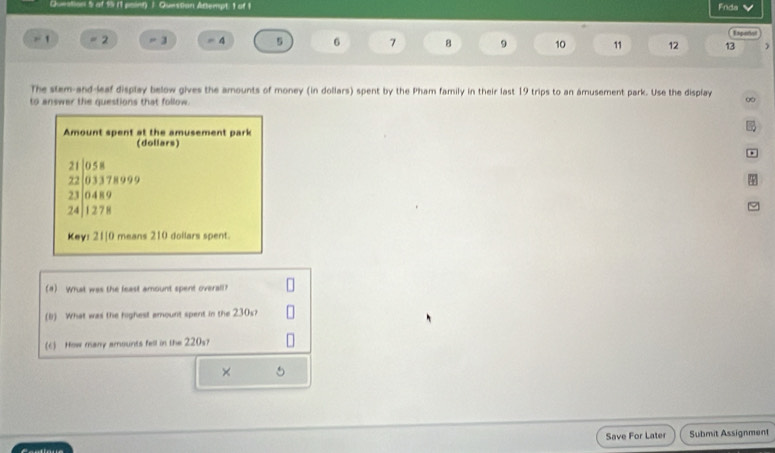 Queation 5 of 15 (1 point) / Question Artempt: 1 of 1 Fnda 
Expañal 
1 2 = 3 = 4 5 6 7 8 9 10 11 12 13 ) 
The stem-and-leaf display below gives the amounts of money (in dollars) spent by the Pham family in their last 19 trips to an amusement park. Use the display ∞ 
to answer the questions that follow. 
Amount spent at the amusement park 
(dollars) 
.
beginarrayr 21058 22(0378099 2300378099 23|04endarray
Key: 21|0 means 210 doilars spent. 
(4) What was the feast amount spent overall? 
(b) What was the highest amount spent in the 230s? 
(c) How many amounts fell in u=220_3
× 5 
Save For Later Submit Assignment