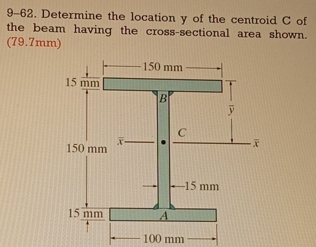 9-62. Determine the location y of the centroid C of
the beam having the cross-sectional area shown.
(79.7mm)