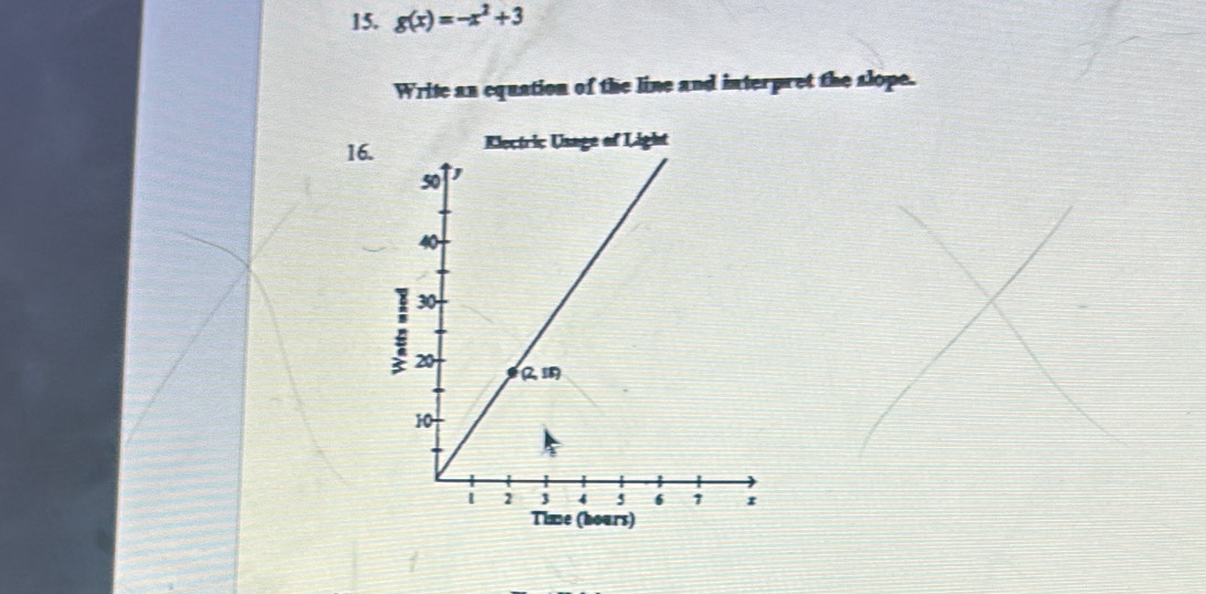 g(x)=-x^2+3
Write an equation of the line and interpret the slope.
16.Electric Usage of Light