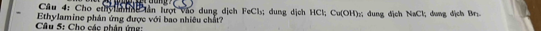 Cho ethylanng lần lượt vào dung dịch FeCl₃; dung dịch HCl; Cu(OH
Ethylamine phản ứng được với bao nhiêu chất? )2; dung dịch NaCl; dung dịch Br₂. 
Câu 5: Cho các phản ứng: