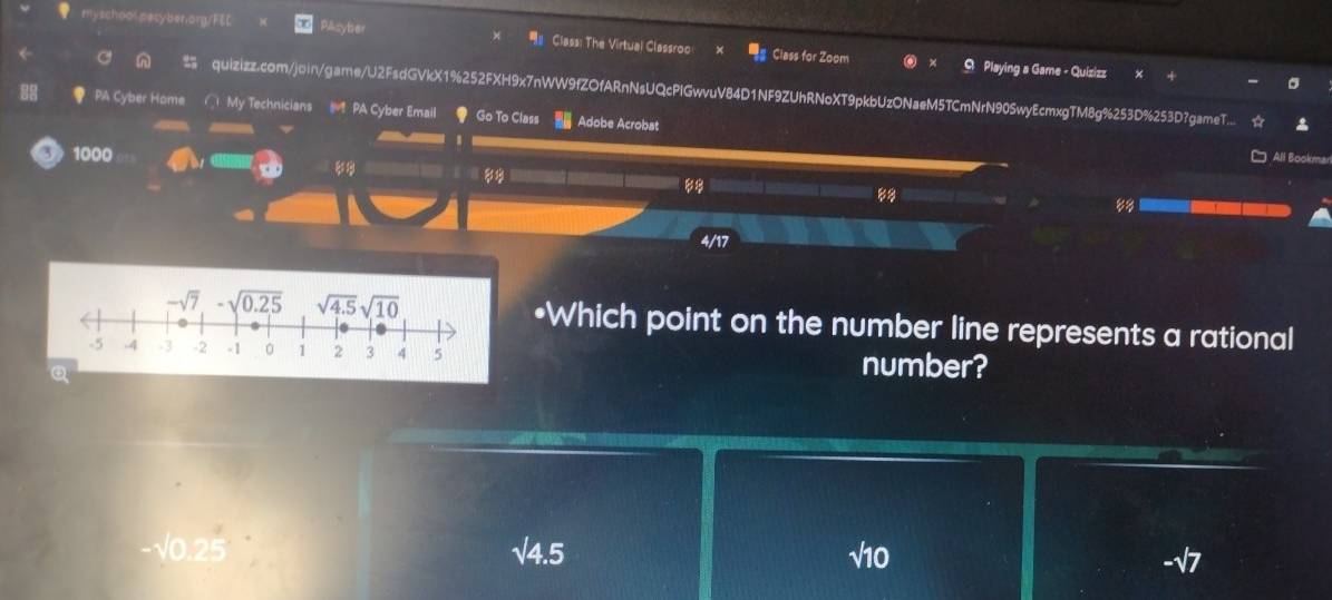 myschool patyben.org/FEC Pasyber Class: The Virtual Classroo Class for Zoom Playing a Game - Quizizz
in % quizizz.com/join/game/U2FsdGVkX1%252FXH9x7nWW9fZOfARnNsUQcPIGwvuV84D1NF9ZUhRNoXT9pkbUzONaeM5TCmNrN90SwyEcmxgTM8g%253D%253D7gameT....
PA Cyber Home  My Technicians   PA Cyber Email Go To Class Adobe Acrobat
③ 1000
All Bookmar
  
88
88
4/17
•Which point on the number line represents a rational
number?
-
sqrt(4.5)