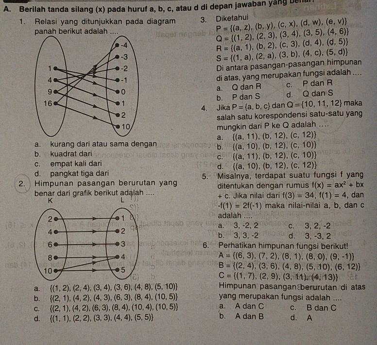 Berilah tanda silang (x) pada huruf a, b, c, atau d di depan jawaban yang bena
1. Relasi yang ditunjukkan pada diagram 3. Diketahui P= (a,z),(b,y),(c,x),(d,w),(e,v)
panah berikut adalah ....
Q= (1,2),(2,3),(3,4),(3,5),(4,6)
R= (a,1),(b,2),(c,3),(d,4),(d,5)
Di antara pasangan-pasangan himpunan S= (1,a),(2,a),(3,b),(4,c),(5,d)
di atas, yang merupakan fungsi adalah ....
a. Q dan R c. P dan R
b. P dan S d. Q dan S
maka
4. Jika P= a,b,c dan Q= 10,11,12
salah satu korespondensi satu-satu yang
mungkin dari P ke Q adalah ....
a.  (a,11),(b,12),(c,12)
a. kurang dari atau sama dengan
b.  (a,10),(b,12),(c,10)
b. kuadrat dari
C.  (a,11),(b,12),(c,10)
c. empat kali dari
d.  (a,10),(b,12),(c,12)
d. pangkat tiga dari 5. Misalnya, terdapat suatu fungsi f yang
2. Himpunan pasangan berurutan yang ditentukan dengan rumus f(x)=ax^2+bx
benar dari grafik berikut adalah .... + c. Jika nilai dari f(3)=34,f(1)=4 , dan
-f(1)=2f(-1) maka nilai-nilai a, b, dan c
adalah ....
a. 3, -2, 2 c. 3, 2, -2
b. 3, 3, -2 d. 3, -3, 2
6. Perhatikan himpunan fungsi berikut!
A= (6,3),(7,2),(8,1),(8,0),(9,-1)
B= (2,4),(3,6),(4,8),(5,10),(6,12)
C= (1,7),(2,9),(3,11),(4,13)
a.  (1,2),(2,4),(3,4),(3,6),(4,8),(5,10) Himpunan pasangan berurutan di atas
b.  (2,1),(4,2),(4,3),(6,3),(8,4),(10,5) yang merupakan fungsi adalah ....
C.  (2,1),(4,2),(6,3),(8,4),(10,4),(10,5) a. A dan C c. B dan C
d.  (1,1),(2,2),(3,3),(4,4),(5,5) b. A dan B d. A