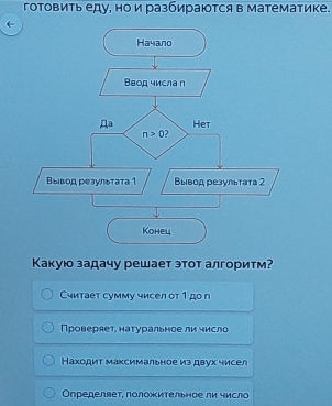 гоΤовить еду, но и разбираются в математике.
←
Какуюо задачу решает этот алгоритм?
Считает сумму чисел от 1до п
Проверяет, натуральное ли число
Находит максимальное из двух чисел
Определяет, лоложительное ли число