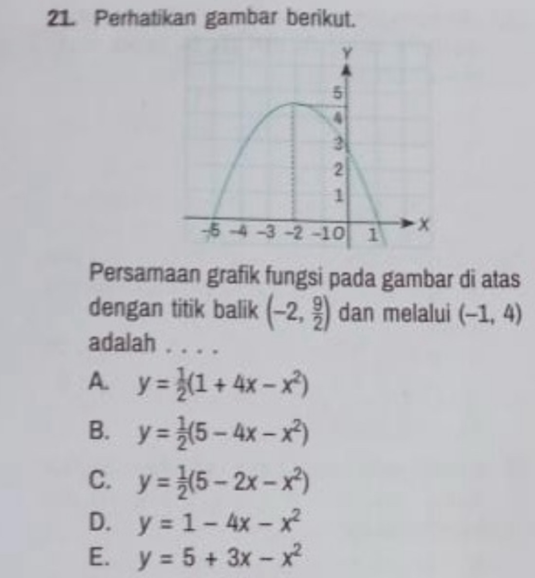 Perhatikan gambar berikut.
Persamaan grafik fungsi pada gambar di atas
dengan titik balik (-2, 9/2 ) dan melalui (-1,4)
adalah . . . .
A. y= 1/2 (1+4x-x^2)
B. y= 1/2 (5-4x-x^2)
C. y= 1/2 (5-2x-x^2)
D. y=1-4x-x^2
E. y=5+3x-x^2