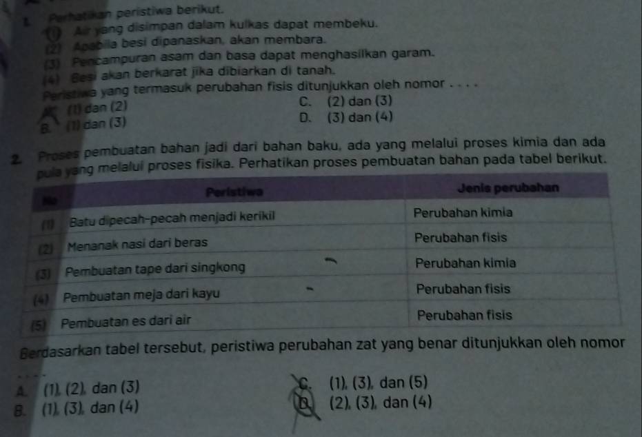 Perhatikan peristiwa berikut.
1) Air yang disimpan dalam kulkas dapat membeku.
(2) Apabila besi dipanaskan, akan membara.
(3) Pencampuran asam dan basa dapat menghasilkan garam.
(4) Besi akan berkarat jika dibiarkan di tanah.
Peristiwa yang termasuk perubahan fisis ditunjukkan oleh nomor . . . .
(1) dan (2) C. (2) dan (3)
B. (1) dan (3)
D. (3) dan (4)
2. Proses pembuatan bahan jadi dari bahan baku, ada yang melalui proses kimia dan ada
roses fisika. Perhatikan proses pembuatan bahan pada tabel berikut.
Berdasarkan tabel tersebut, peristiwa perubahan zat yang benar ditunjukkan oleh nomor
C. a
A. (1), (2 dan (3) (1), (3 ), dan (5)
D
B. (1) (3) dan (4) (2), (3) ) dan (4)