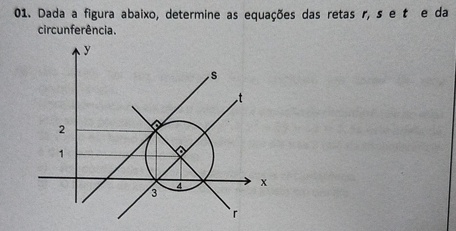 Dada a figura abaixo, determine as equações das retas r, s e tãe da 
circunferência.