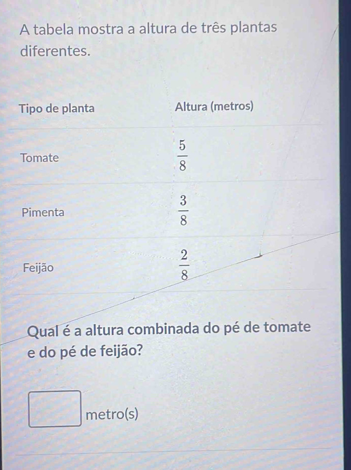 A tabela mostra a altura de três plantas
diferentes.
Qual é a altura combinada do pé de tomate
e do pé de feijão?
□ metro(s)