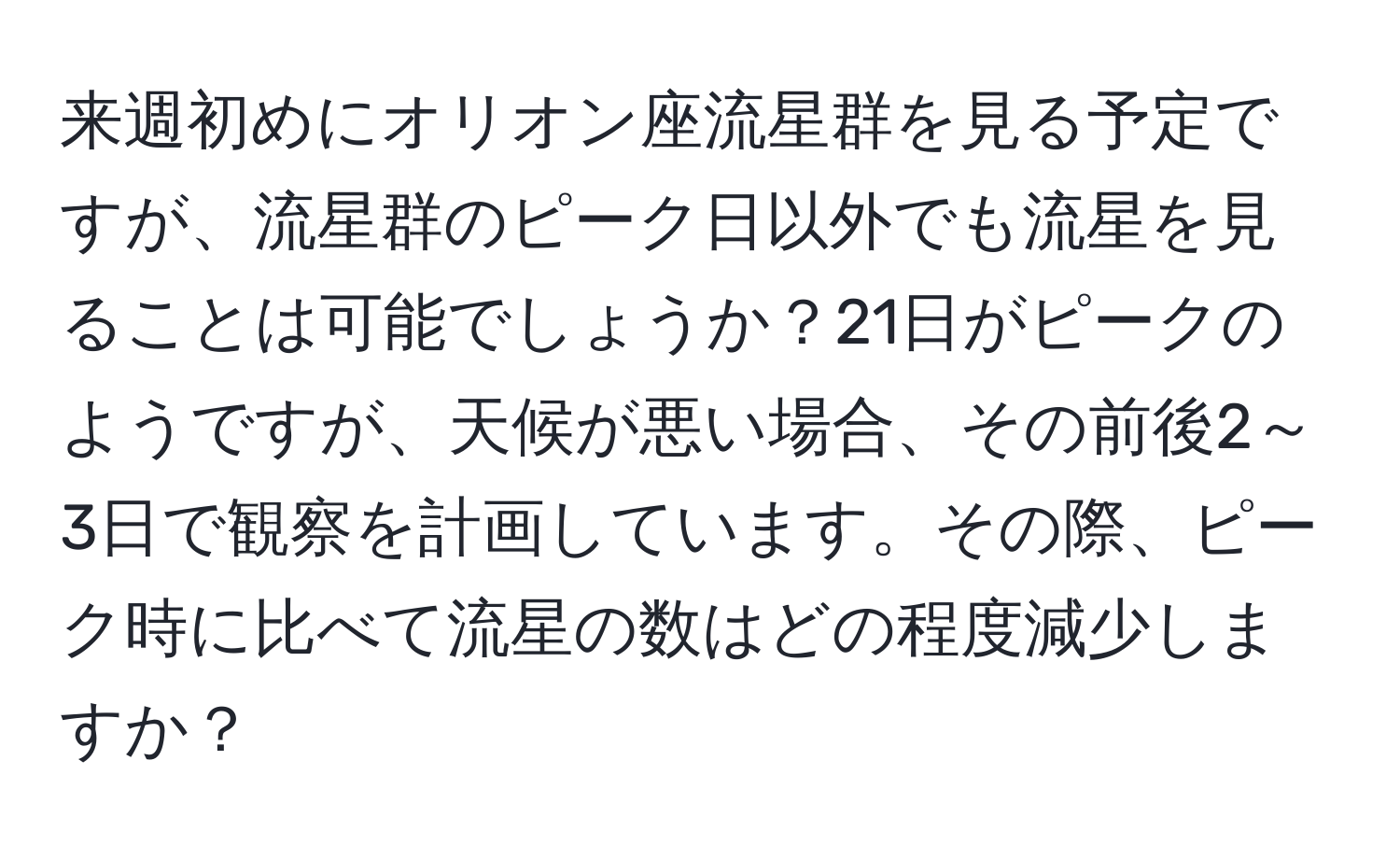 来週初めにオリオン座流星群を見る予定ですが、流星群のピーク日以外でも流星を見ることは可能でしょうか？21日がピークのようですが、天候が悪い場合、その前後2～3日で観察を計画しています。その際、ピーク時に比べて流星の数はどの程度減少しますか？