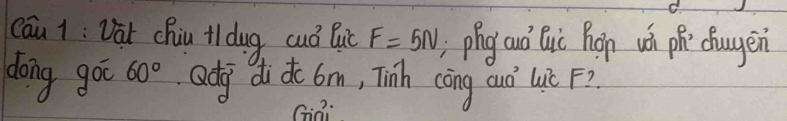 cāu 1: Dat chuu+dug cuó luc F=5N ` phy aud`Quic hop ws phe fugen 
doing goc 60° Qdg di do 6m, Tinh còng cuò luic F).