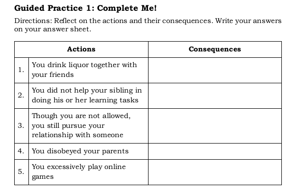 Guided Practice 1: Complete Me! 
Directions: Reflect on the actions and their consequences. Write your answers 
on your answer sheet.