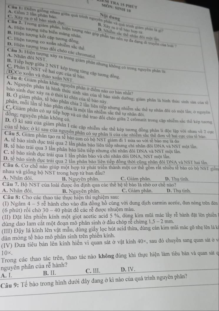 1êm tra 15 phút
Môn: sinh 10
A.
Câu 1: Điểm giống
C
A
C
B
C
D
A

B
C
D

Aấ
bà
Bn
ph
C.ng
đồ
D.cực
của
Câ
A. 
B. 
C. 
D. t.
CâT giễn
nha
A. 
Câu
A. 
Câ
(I) n đèn
(6 p
(II) Đặt lên phiến kính một giọt acetic acid phiến
dùng dao lam cắt một đoạn mô phân sinh ở đầu chóp rễ chừng 1,5 - 2 mm.
(III) Đậy lá kính lên vật mẫu, dùng giấy lọc hút acid thừa, dùng cán kim mũi mác gõ nhẹ lên lá ki
dàn mỏng tế bào mô phân sinh trên phiến kính.
(IV) Đưa tiêu bản lên kính hiển vi quan sát ở vật kính 40×, sau đó chuyền sang quan sát ở và
10×.
Trong các thao tác trên, thao tác nào không đúng khi thực hiện làm tiêu bản và quan sát q
nguyên phân của rễ hành?
A. I. B. II. C. III. D. IV.
Câu 9: Tế bào trong hình dưới đây đang ở kì nào của quá trình nguyên phân?