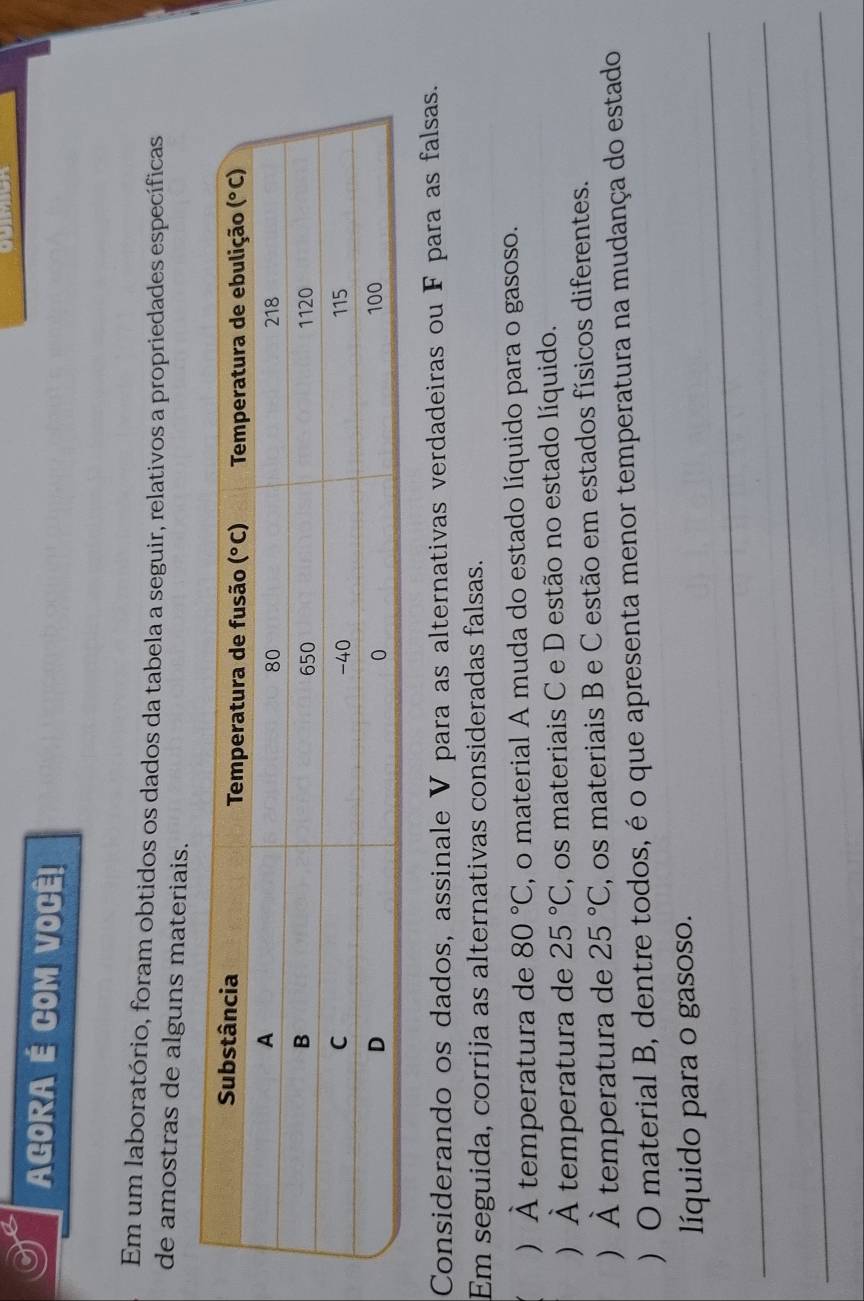 a
AGORA É COM VOCÊ!
Em um laboratório, foram obtidos os dados da tabela a seguir, relativos a propriedades específicas
de amostras de alguns materiais.
Considerando os dados, assinale V para as alternativas verdadeiras ou F para as falsas.
Em seguida, corrija as alternativas consideradas falsas.
)  À temperatura de 80°C , o material A muda do estado líquido para o gasoso.
) À temperatura de 25°C , os materiais C e D estão no estado líquido.
) À temperatura de 25°C , os materiais B e C estão em estados físicos diferentes.
) O material B, dentre todos, é o que apresenta menor temperatura na mudança do estado
_
líquido para o gasoso.
_
_