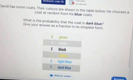 Bookwork code: 5A not allowed 
David has some coats. Their colours are shown in the table below. He chooses a 
coat at random from his blue coats. 
What is the probability that the coat is dark blue? 
Give your answer as a fraction in its simplest form. 
* Watch video