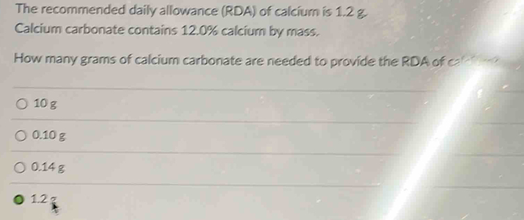 The recommended daily allowance (RDA) of calcium is 1.2 Calcium ...