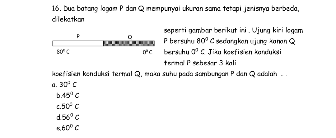 Dua batang logam P dan Q mempunyai ukuran sama tetapi jenisnya berbeda,
dilekatkan
seperti gambar berikut ini . Ujung kiri logam
P bersuhu 80°C sedangkan ujung kanan Q
bersuhu 0°C.. Jika koefisien konduksi
termal P sebesar 3 kali
koefisien konduksi termal Q, maka suhu pada sambungan P dan Q adalah ... .
a. 30°C
b 45°C
C. 50°C
d 56°C
e. 60°C