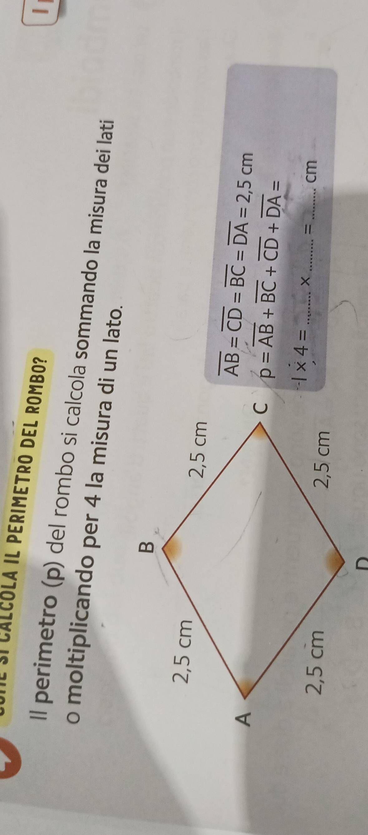 'E SI CALCOLA IL PERIMETRO DEL ROmBO? 
| 
Il perimetro (p) del rombo si calcola sommando la misura dei lati 
o moltiplicando per 4 la misura di un lato.
overline AB=overline CD=overline BC=overline DA=2,5cm
overline p=overline AB+overline BC+overline CD+overline DA=
_ -1* 4=
_=_ cm