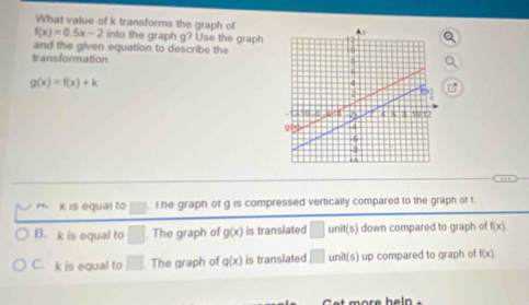 What value of k transforms the graph of
f(x)=0.5x-2 into the graph g? Use the graph
and the given equation to describe the
transformation
g(x)=f(x)+k
, ,
**- k is equal to . I he graph of g is compressed vertically compared to the graph of t.
B. k is equal to° . The graph of g(x) is translated □ if(s) i down compared to graph of f(x)
C. k is equal to □ The graph of g(x) is translated □ un? (s) up compared to graph of f(x)
t more heln .